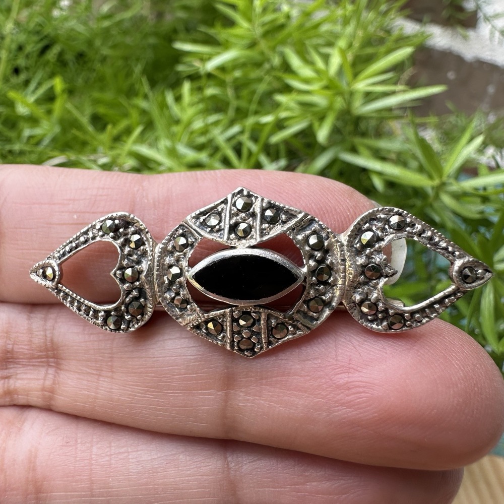 VTG Brooch Pin 1.875 Inch Art Deco Hearts Black Onyx Marcasite 925 Sterling 3.6g